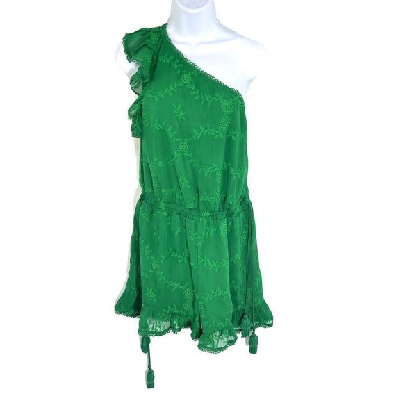 Revolve Tularosa Green Ruffle One Shoulder Shorts Romper Size Medium Davey - Picture 5 of 14